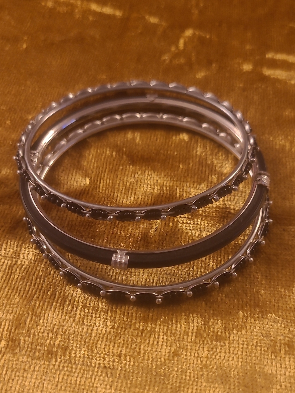 Stackable Silver-Tone and Black Bangle Bracelet Set